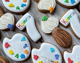 Art party cookies, Paint palette and paint brush decorated cookies