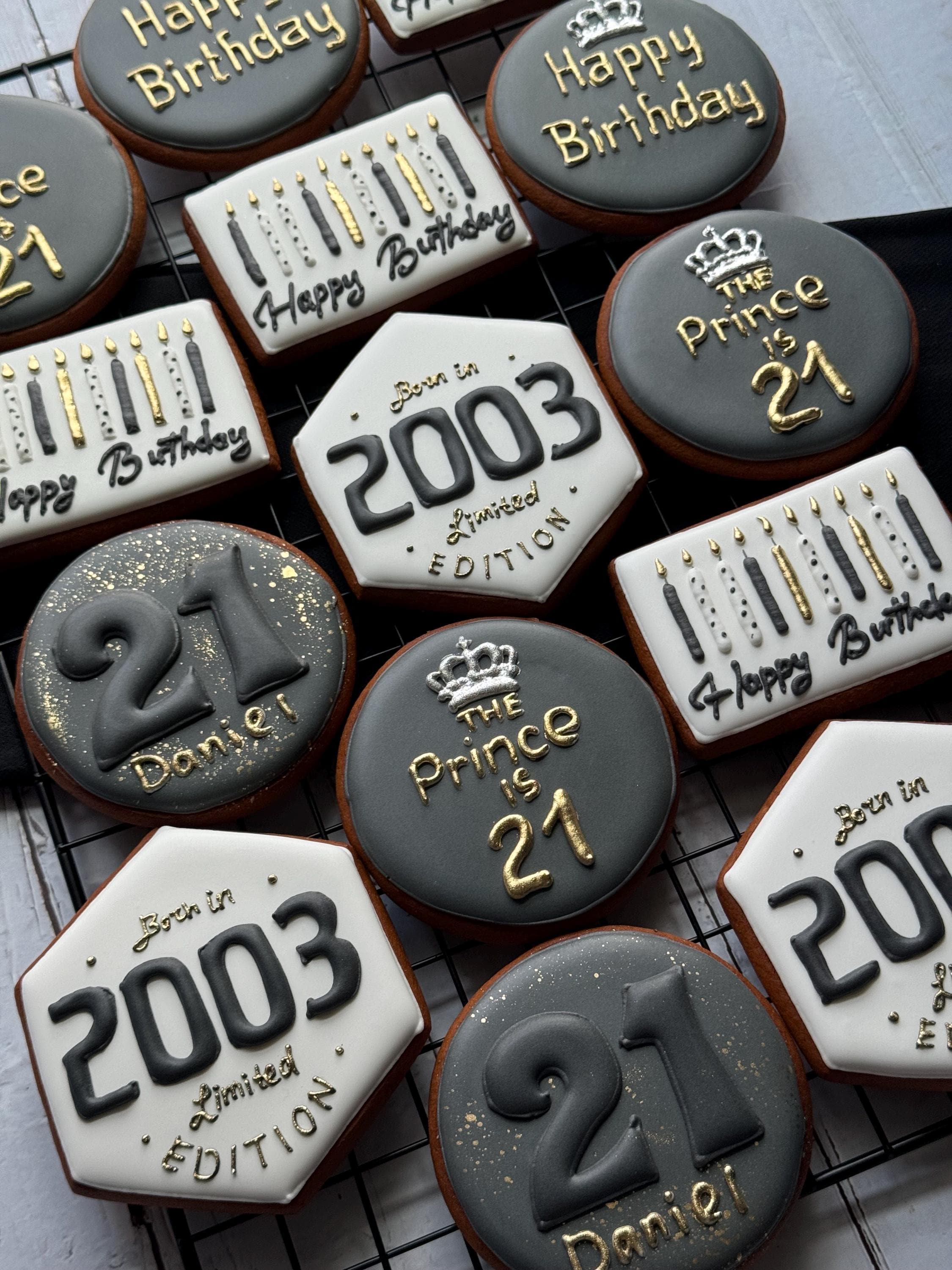 21st Birthday Cookies: Black and Gold Theme, Set of 12