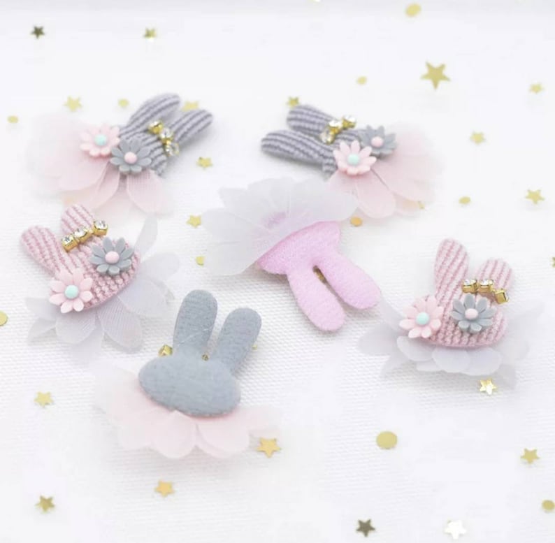 4 Plush Rabbit Rhinestone Flower Embellishments