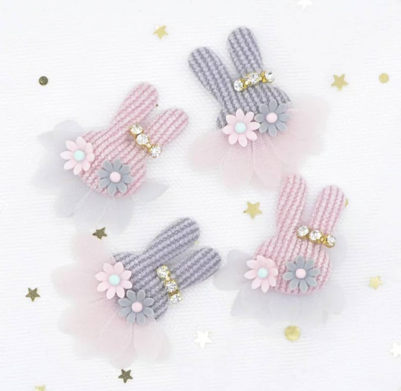 4 Plush Rabbit Rhinestone Flower Embellishments