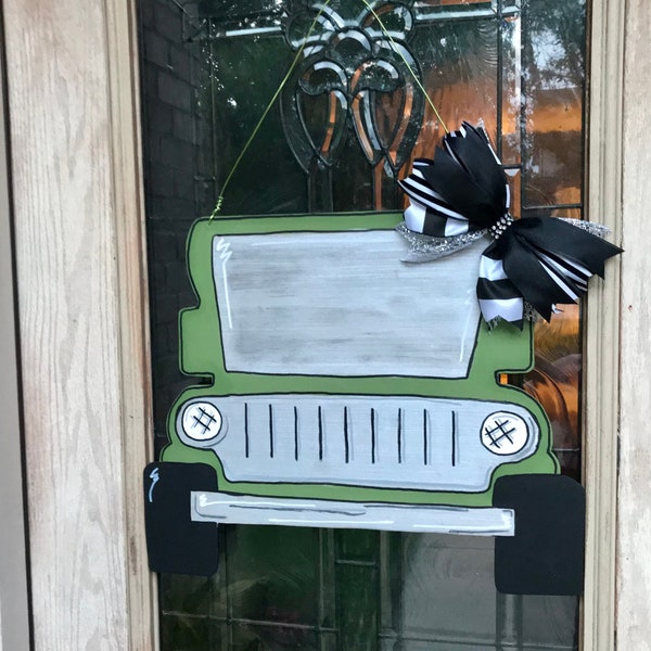 Personalized Green Jeep Door Hanger, jeep lover wall decor, army vehicle, military jeep, gift for him/her, customized and/or personalized
