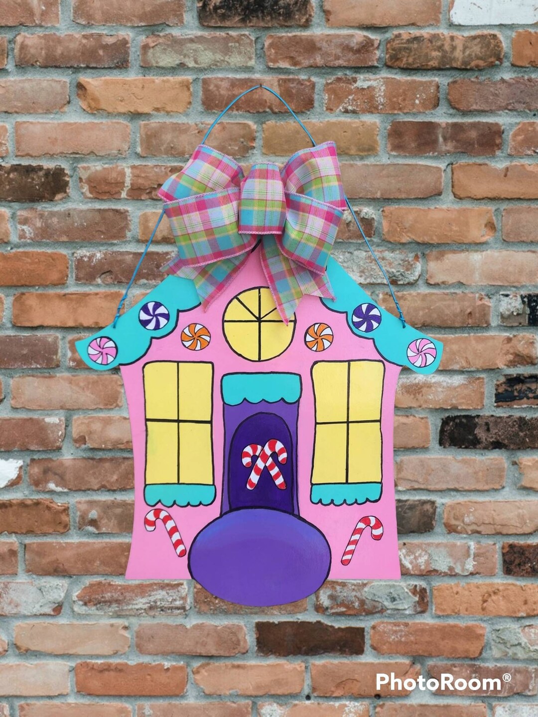 Pink Gingerbread House Christmas Door Hanger, Wall Sign, Wood Wreath ...