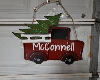 Personalized vintage red truck interchangeable door hanger, antique truck with attachments, wooden porch with, seasonal add-ons