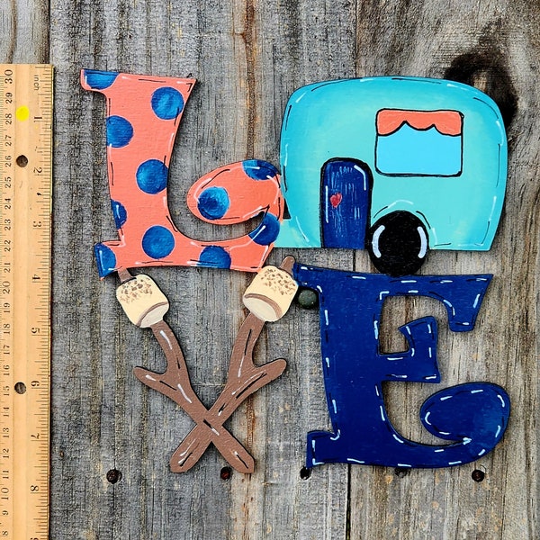 Love camping Door hanger, 8 inch, camper and marshmallow front door decor, wood wreath attachment, porch leaner board accessory, wall sign