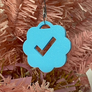 May include: A light blue Christmas ornament shaped like a flower with a white checkmark in the center. The ornament is hanging from a silver hook.
