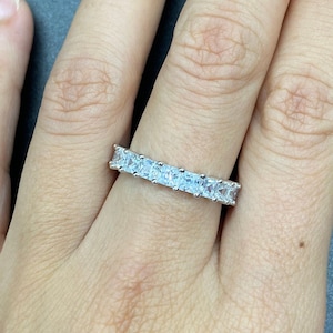 Silver Eternity Band, Princess Cut Band, Statement Ring, Wedding Band, 4mm Eternity Ring, Multistone Band, Solid Silver Ring with Stones