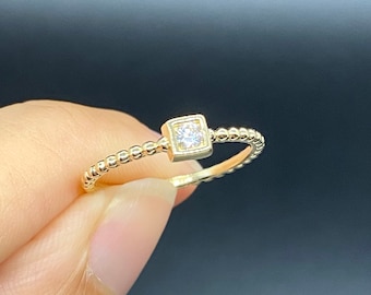 14K Gold Beaded Ring, Solitaire CZ Stone Stacking Band