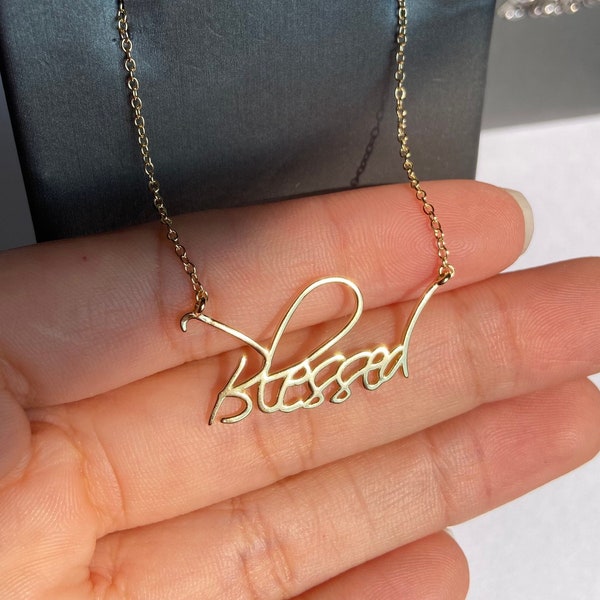 Silver Blessed Necklace, Script Blessed Charm Necklace, Uplifting Jewelry, Inspirational Necklace, Gift for Mom