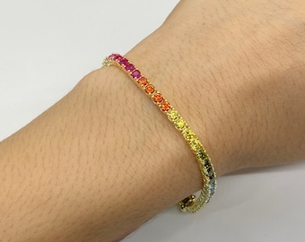 3mm Rainbow Tennis Bracelet, Colorful Sapphire Simulants Bracelet, Multicolor Tennis Bracelet, Rainbow Bracelet, Fun Colorful Jewelry
