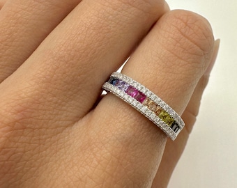 Sterling Silver Rainbow Ring: Multi-Color Cubic Zirconia Band
