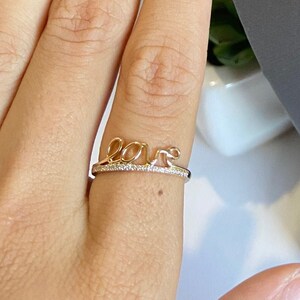 14K Gold Diamond 'Love' Ring: Minimalist Stacking Band