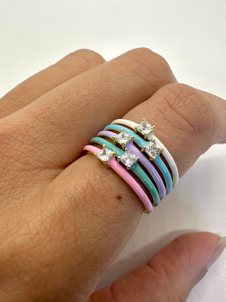 Blue Enamel Sterling Silver Stacking Ring: Princess Cut CZ - Etsy