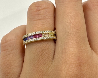 14K Gold Over Sterling Silver Rainbow Ring: Multi-Stone Cubic Zirconia Band
