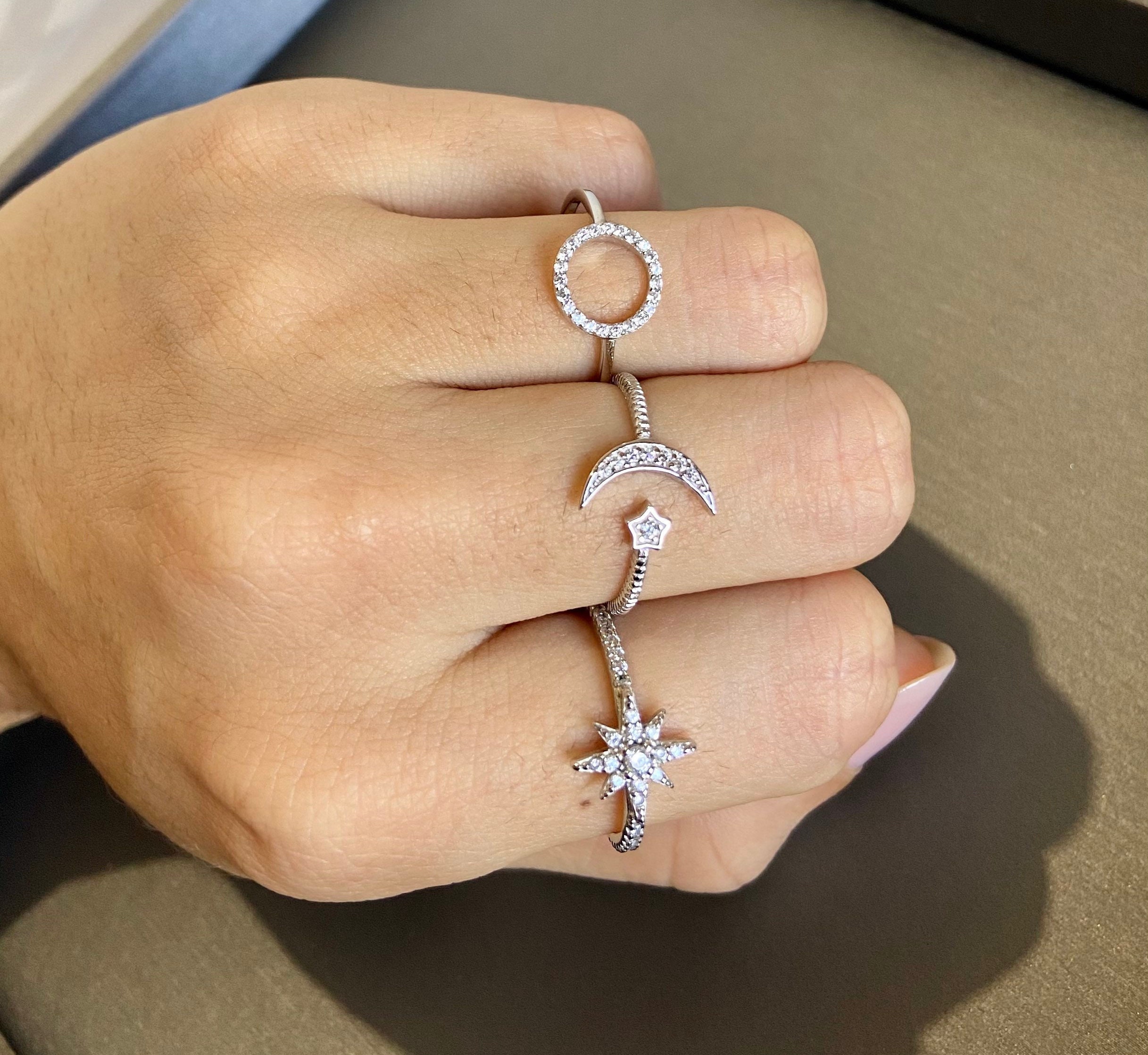 Crescent Moon and Star Ring, Night Sky Ring, Open Star and