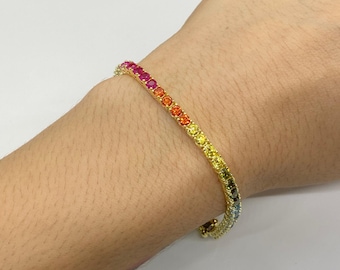 Rainbow Tennis Bracelet, 3mm Colorful Sapphire Simulants, Silver Multicolor Stone Bracelet, Rainbow Jewelry, Gift for Women