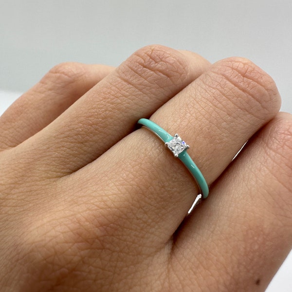 Turquoise Enamel Ring, Stacking Ring, Colorful Slim Band, Stackable Turquoise Band