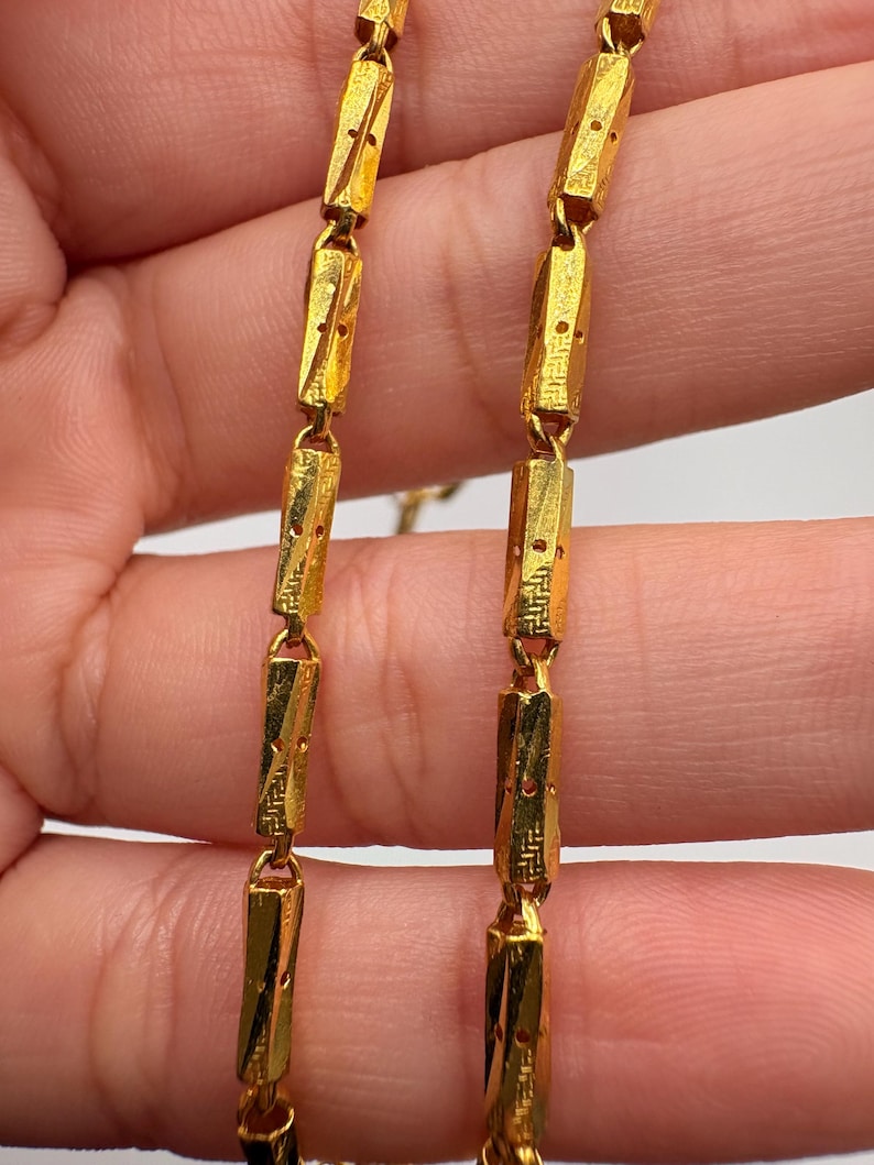 24K Gold Cylinder Link Chain, Diamond Cut Link Necklace, Fancy 24K Gold Necklace, Unique Jewelry image 11