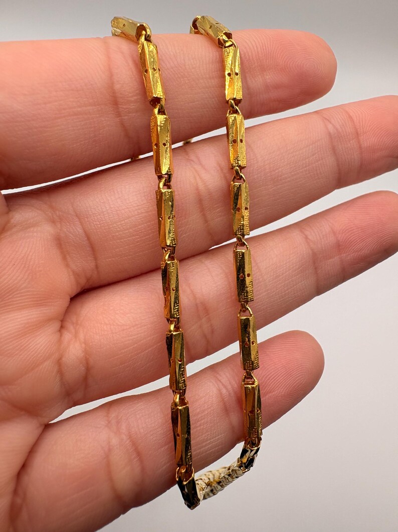 24K Gold Cylinder Link Chain, Diamond Cut Link Necklace, Fancy 24K Gold Necklace, Unique Jewelry image 6