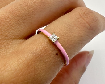 Pink Enamel Rings, Stacking Rings,  Colorful Slim Bands, Stackable Multi-color Bands
