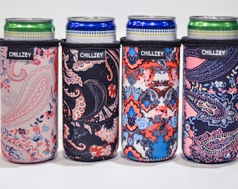 4 Pack of Sewn Bottom 12 Ounce Slim Can Cooler Insulators | Truly, Michelob Ultra, and Other Slim Drinks | Sewn Bottom | Paisley