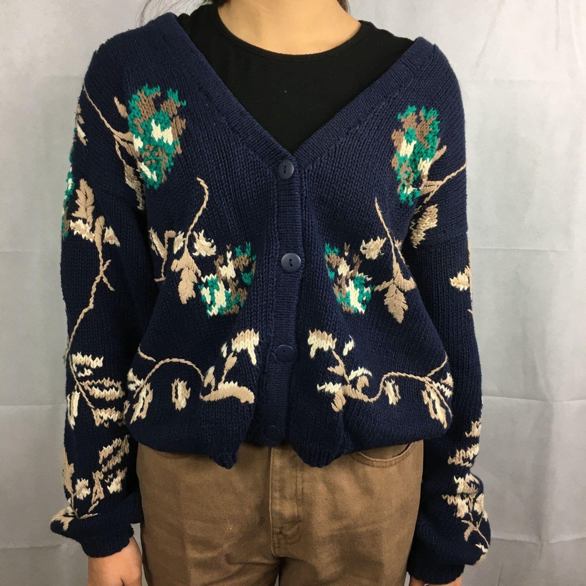 Vintage 1990s Handknit Cardigan Sweater Sz S Navy Neutral | Etsy