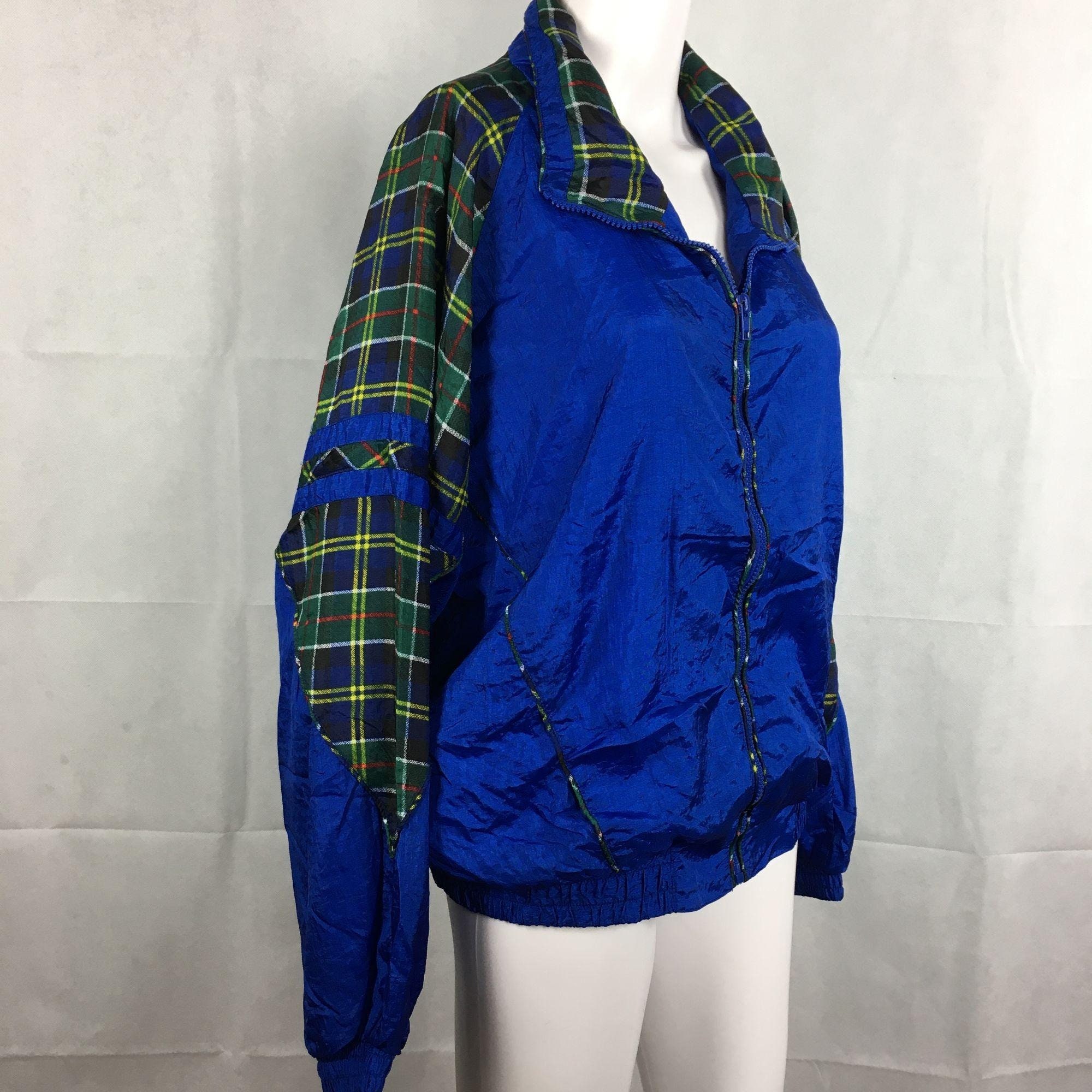 Vintage 1980s Windbreaker Blue Jacket Sz L Plaid Accents | Etsy