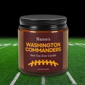 Washington Commanders Personalized Candle | Christmas Presents, Stocking Stuffer, Gift for Him, Football Sports Candle, Lucky Gameday Candle