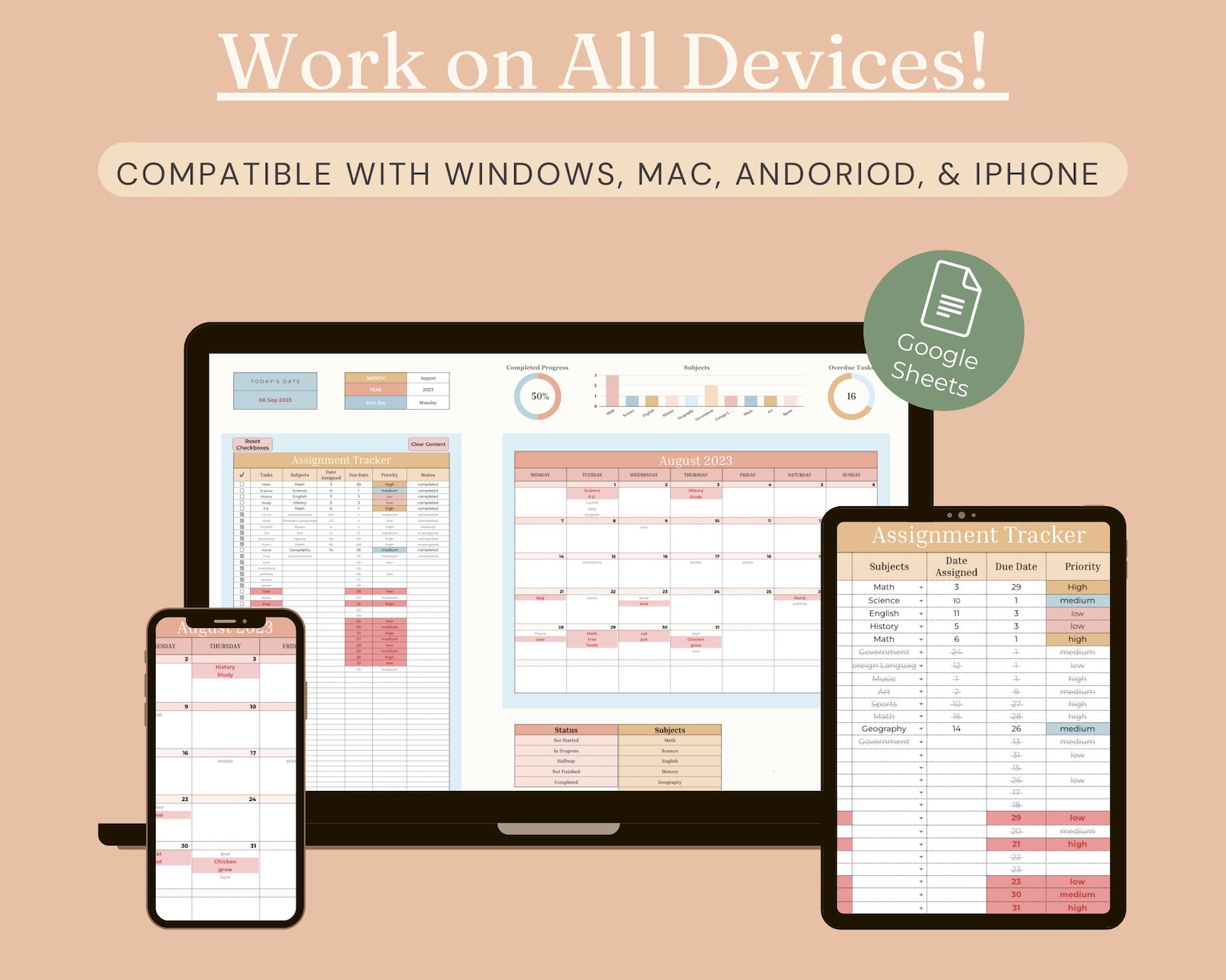 Assignment Tracker Calendar, Googlesheets, Student Digital Assignment ...