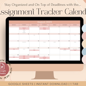 May include: A computer screen displaying a printable August 2023 calendar with a pink and white color scheme. The calendar is titled "Assignment Tracker Calendar" and is designed to help users stay organized and on top of deadlines. The calendar is available as a Google Sheet and can be downloaded instantly. The text "NEW" is repeated around the Google Sheets logo.