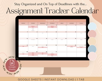 Assignment Tracker Calendar, GoogleSheets, Student Digital Assignment Tracker w/ Smart Calendar, Study Planner, Academic, Monthly, School