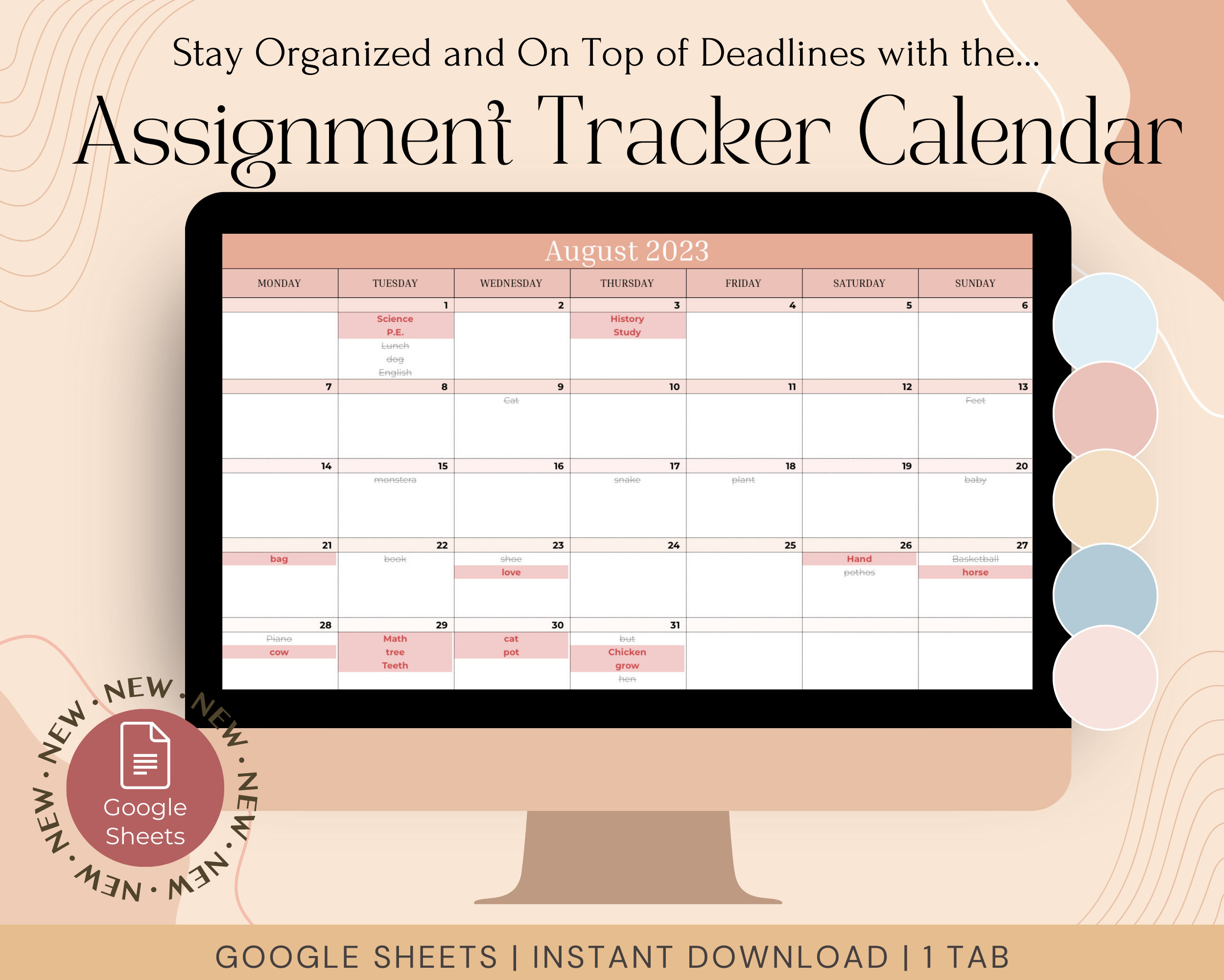 Assignment Tracker Calendar, Googlesheets, Student Digital Assignment ...