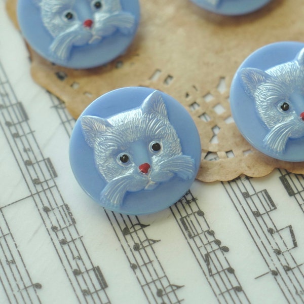 Czech Glass Button, Czech Cat Button,Baby Blue with white finish 1pc