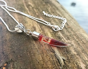 Blood Vial Necklace, Fang Necklace, Vampire Necklace, Dracula Necklace, Horror Gifts, Gothic Jewellery, Vial Necklace, Glass Vial Pendant