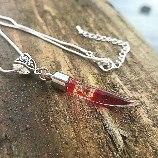 Blood Vial Necklace, Fang Necklace, Vampire Necklace, Dracula Necklace, Horror Gifts, Gothic Jewellery, Vial Necklace, Glass Vial Pendant