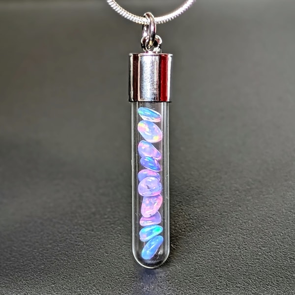 Opal Crystal Necklace, AAA Grade Opal, Tube Pendant, Real Opal, Ethiopian Opal, Glass Vial Necklace, Polished Opal, Gift For Her