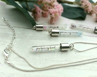 Glass Vial Necklace, Glass Vial Pendant, Silver Plated Necklace, Romantic Gift For Her, Girlfriend Gift, Bottle Jewellery, Tube Necklace
