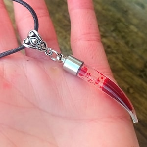 May include: A clear glass pendant filled with red liquid, shaped like a horn or tooth. The pendant hangs from a black cord with a silver-colored decorative bail. The bail has a heart-shaped design.