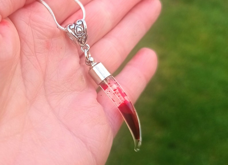 May include: A silver-toned necklace with a pendant featuring a clear, horn-shaped vial filled with red liquid and small white particles. The pendant is suspended from a delicate silver chain. The pendant's top has a decorative silver cap.