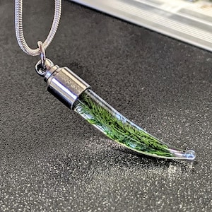 May include: A clear glass pendant necklace with a silver-colored metal cap and a silver chain. The pendant is filled with green plant material. The necklace is displayed on a dark, textured surface.