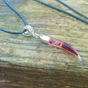 May include: A pendant necklace featuring a clear, curved horn-shaped charm filled with red and white inclusions. The charm is attached to a silver-colored metal cap and hangs from a black cord necklace. The background is a weathered wooden surface.