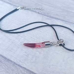 May include: A pendant necklace featuring a clear, horn-shaped charm filled with red liquid and small white particles. The charm is attached to a black cord with a silver-colored clasp and decorative bail.