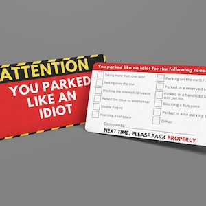 Bad Parking Cards - &#39;You Parked Like an Idiot&#39; - Funny Learn to Park Notes for Poor Parking Etiquette