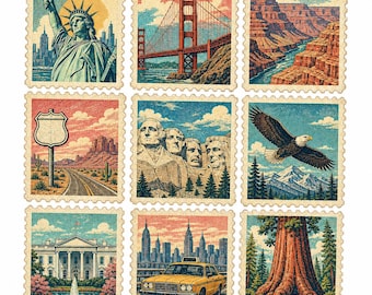 Puede incluir: Una colección de nueve sellos postales rectangulares con ilustraciones de la Estatua de la Libertad, el puente Golden Gate, el Gran Cañón, una señal de carretera, el Monte Rushmore, un águila calva, la Casa Blanca, un taxi amarillo y una secuoya.