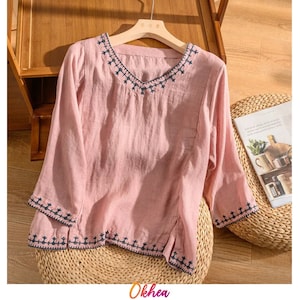 women summer top, Embroidered V-neck Blouse, Casual 3/4 Sleeve Blouse For Spring & Summer, Traditional blouse, Women's Clothing