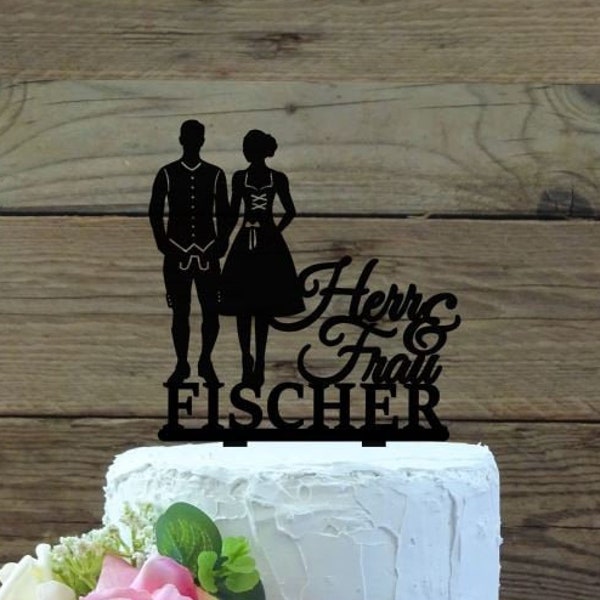 Cake Topper Brautpaar in Tracht - personalisiert Bayern Lederhose Dirndl Tortentopper Tortenstecker Tortenfigur individuell Name Holz Acryl