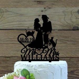 wedding cake topper " birde with fire fighter & cat / cats " - last name / wedding date / personalized / individualized / wood / acrylic