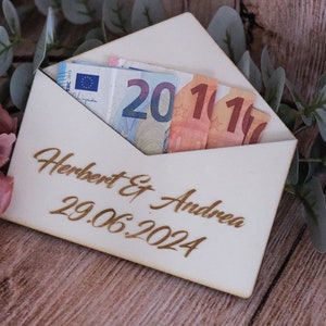 Geschenk Verpackung aus Holz, Geldgeschenk Kuvert, Gutscheinverpackung, Geldumschlag Hochzeit, Geburtstag, Geburt, Bild 1