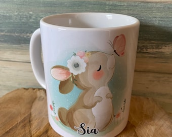 Süße Hasen Tasse, Tasse Becher Hase Motiv mit Wunschname Name individuell Kaffeebecher Kaffeetasse Geschenk