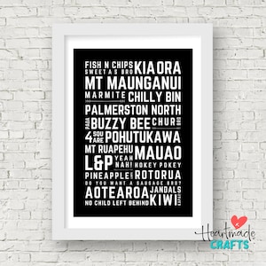 Kiwiana Word Art Poster, Typography Wall Art, Digital Print, New Zealand Word Art, Kiwi art, nz art, nz type art, mount art