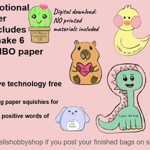 May include: Printable paper squishies digital download featuring cute cartoon characters like a cactus, duck, and dinosaur. Includes patterns to make 6 jumbo squishies. Great for technology-free fun and creating paper squishies for friends and family.